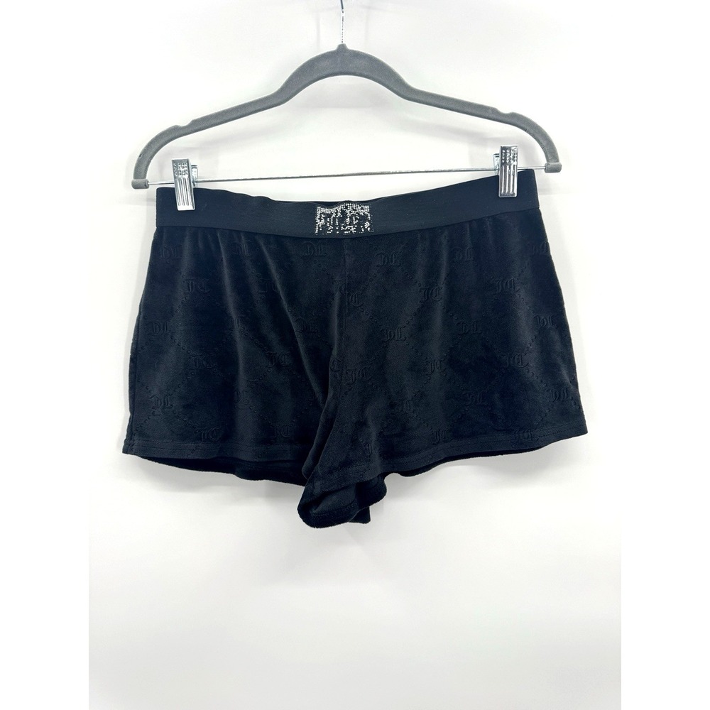 Retro Y2K Juicy Couture Black Velour Shorts Bling Booty Shorts Lounge Athleisure